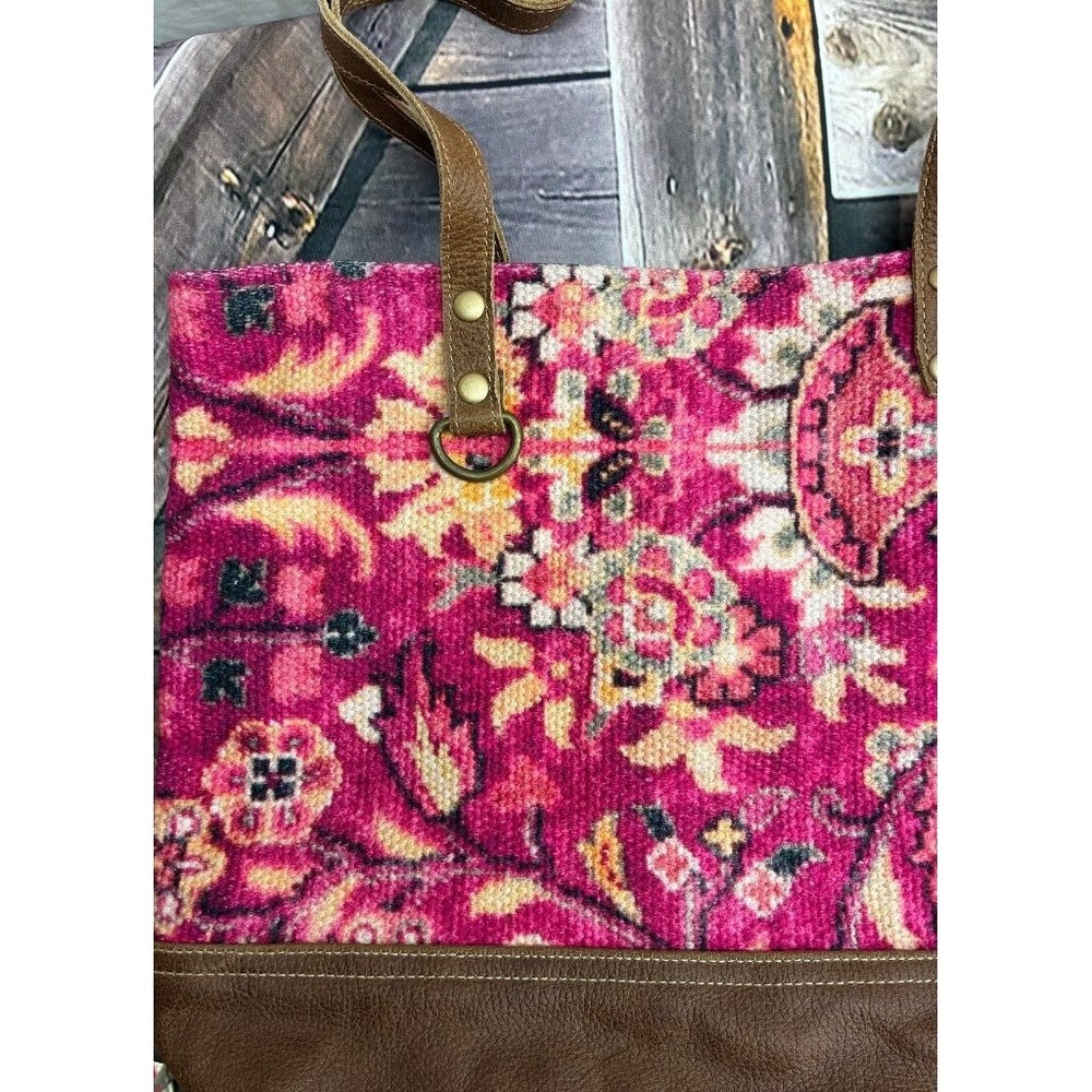 Myra Bag Pink Floral Tote 100% Cotton and Leather Trim Medium